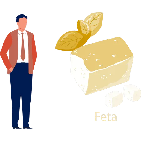 Mann zeigt Feta-Produkt  Illustration