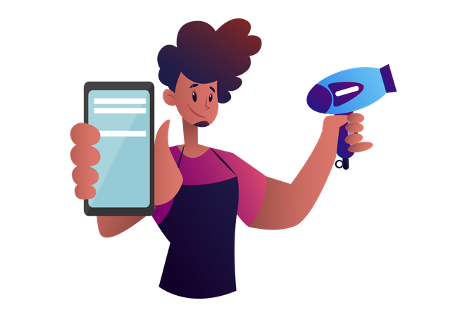 Mann zeigt mobile Anwendung mit Haartrockner  Illustration