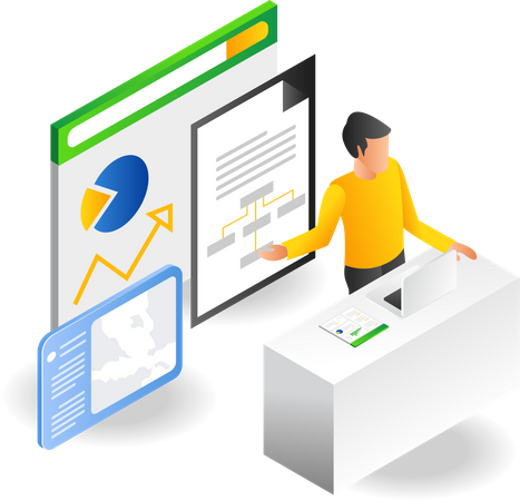 Mann zeigt monatliche Geschäftsdatenanalysetafel  Illustration