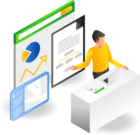 Mann zeigt monatliche Geschäftsdatenanalysetafel  Illustration