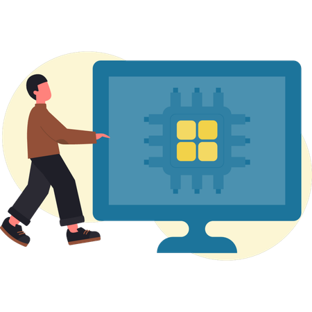Mann zeigt Monitorchip  Illustration
