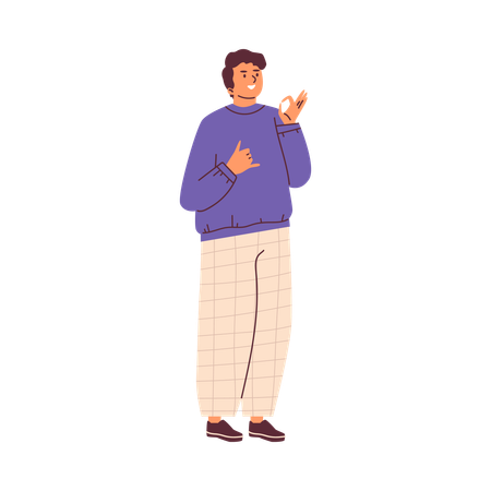 Mann zeigt ok Gehörlosen-Gebärdensprache international während Geste für Konversation Gehörlosen Menschen  Illustration
