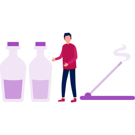 Mann zeigt Ölflaschen  Illustration