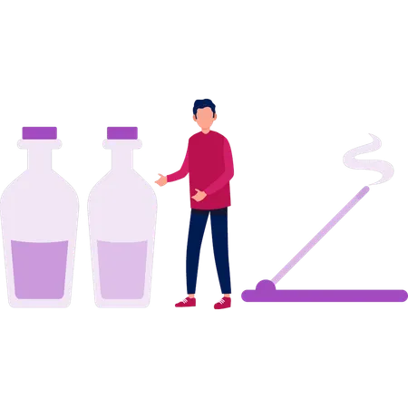 Mann zeigt Ölflaschen  Illustration