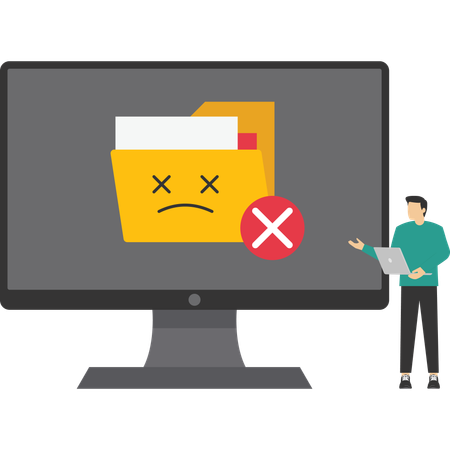 Mann zeigt Ordnerdateien auf dem Computer löschen  Illustration
