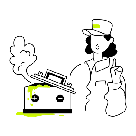 Mann zeigt beschädigte Batterie  Illustration