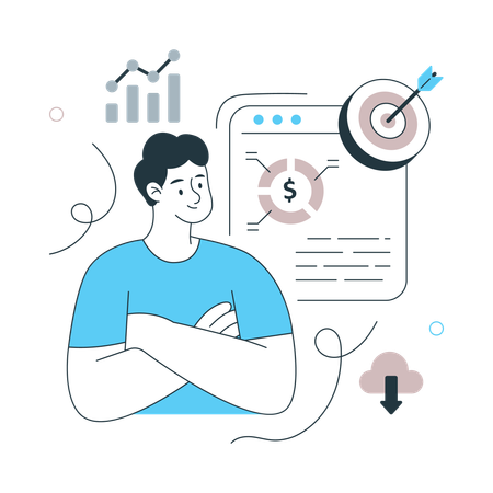 Mann zeigt Site-Statistiken mit Ziel  Illustration