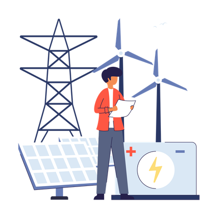 Mann zeigt erneuerbare Energiespeicherung  Illustration