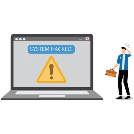 Mann zeigt Warnung „System gehackt“ nach Cyberangriff auf Computernetzwerk  Illustration