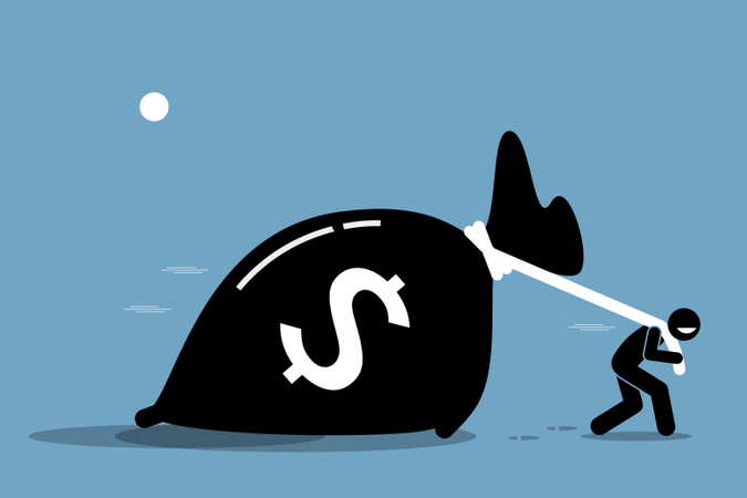 Mann zieht einen großen Sack voll Geld  Illustration