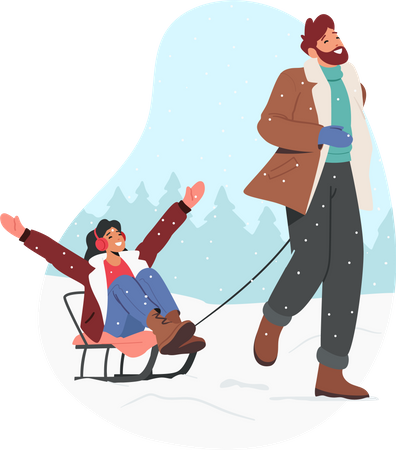 Mann zieht Schlitten mit Frau im Winter  Illustration