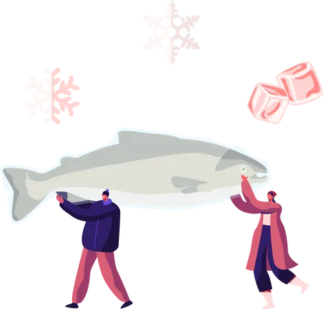 Männchen und Weibchen tragen gefrorenen Fisch  Illustration