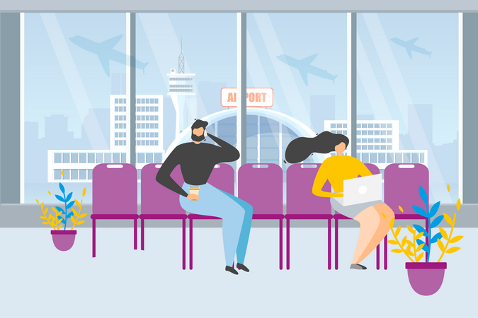 Männliche und weibliche warten auf den Flug  Illustration