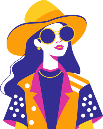 Personnage de mannequin fille portant des lunettes de soleil et un chapeau à la mode dans un style rétro  Illustration