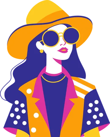 Personnage de mannequin fille portant des lunettes de soleil et un chapeau à la mode dans un style rétro  Illustration