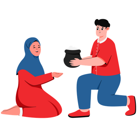 Männer spenden Lebensmittelpakete für Mädchen mit Hijab  Illustration