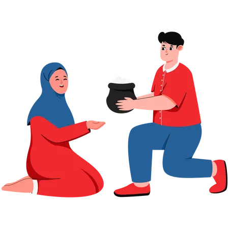 Männer spenden Lebensmittelpakete für Mädchen mit Hijab  Illustration