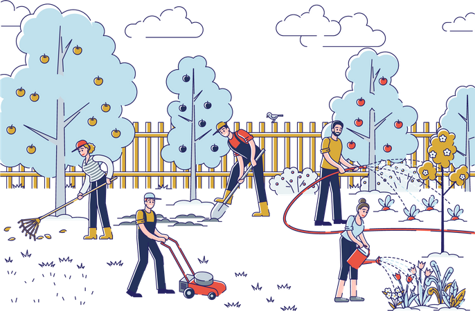 Männer und Frauen bei der Gartenarbeit  Illustration
