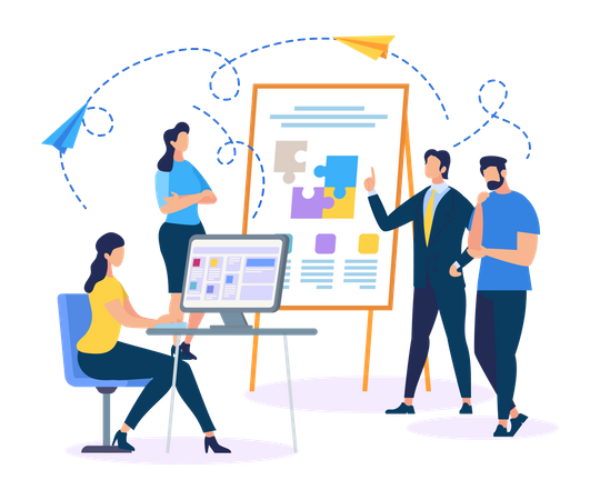 Männliche und weibliche Charaktere arbeiten gemeinsam an der Projektpräsentation  Illustration