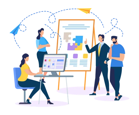 Männliche und weibliche Charaktere arbeiten gemeinsam an der Projektpräsentation  Illustration