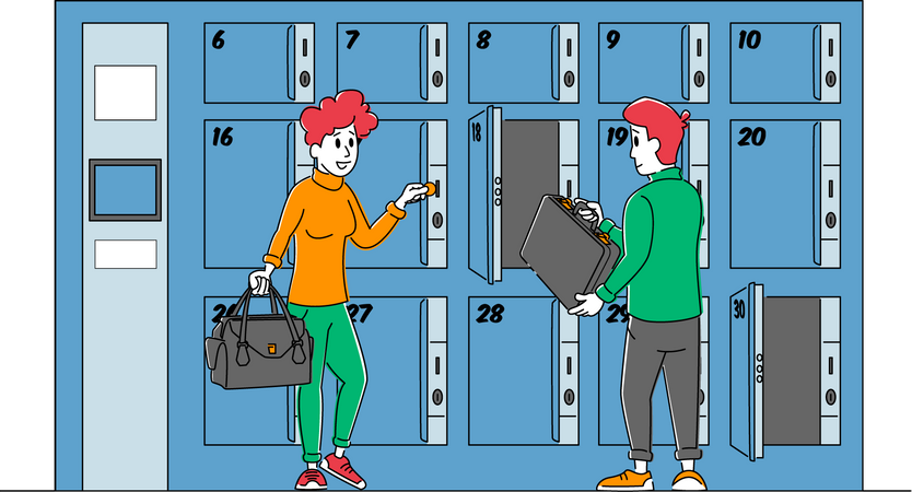 Männer und Frauen nutzen den Gepäckaufbewahrungsservice und legen ihre Taschen in kostenpflichtige, nummerierte Schließfächer.  Illustration
