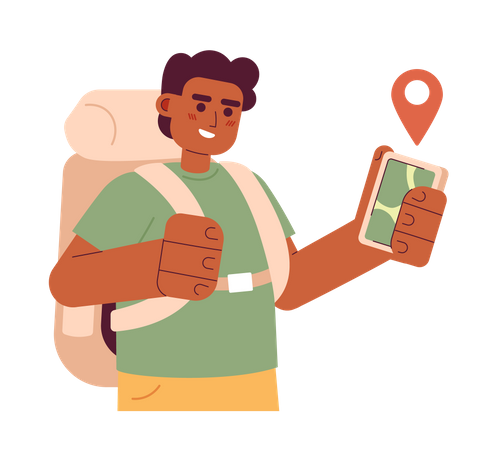 Männlicher schwarzer Rucksacktourist beim Trekking mit Wander-App  Illustration