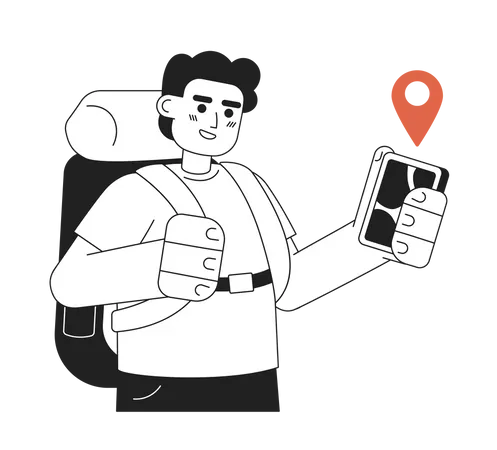 Männlicher schwarzer Rucksacktourist beim Trekking mit Wander-App  Illustration