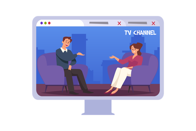 Männliche Prominente geben Fernsehmoderatorin im Studio ein Interview  Illustration