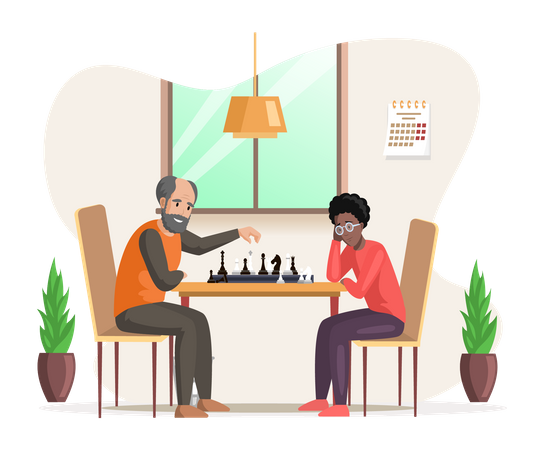 Männliche Charaktere sitzen am Tisch und spielen Schach im Wohnzimmer  Illustration