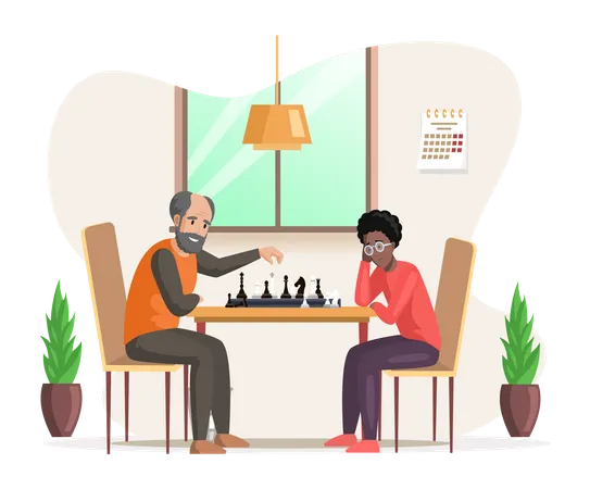 Männliche Charaktere sitzen am Tisch und spielen Schach im Wohnzimmer  Illustration