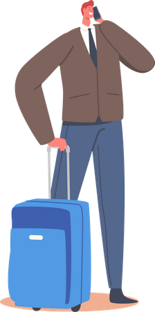 Männliche Figur mit Gepäck, die ihr Smartphone in der Hand hält und auf den Abflug im Terminalbereich des Flughafens wartet  Illustration