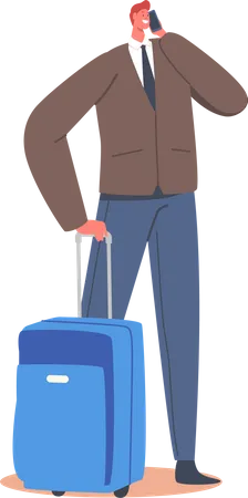 Männliche Figur mit Gepäck, die ihr Smartphone in der Hand hält und auf den Abflug im Terminalbereich des Flughafens wartet  Illustration