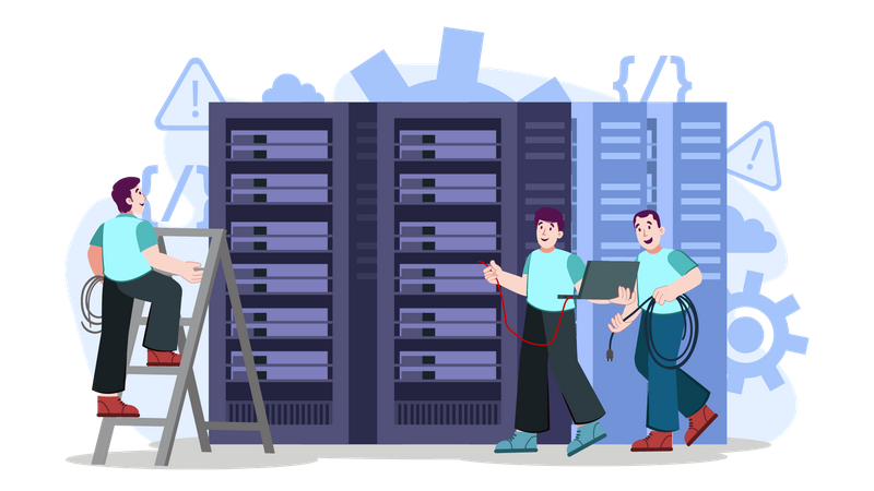 Männliche Ingenieure arbeiten am Servernetzwerk  Illustration