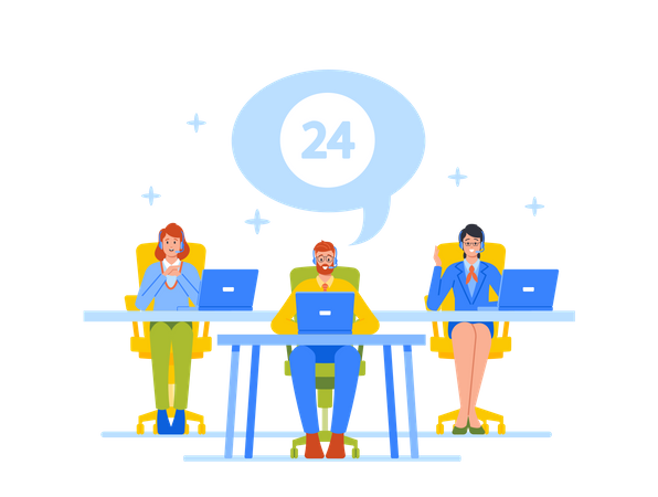 Männliche und weibliche Callcenter-Agenten oder -Betreiber mit Headset arbeiten an der Unterstützung  Illustration