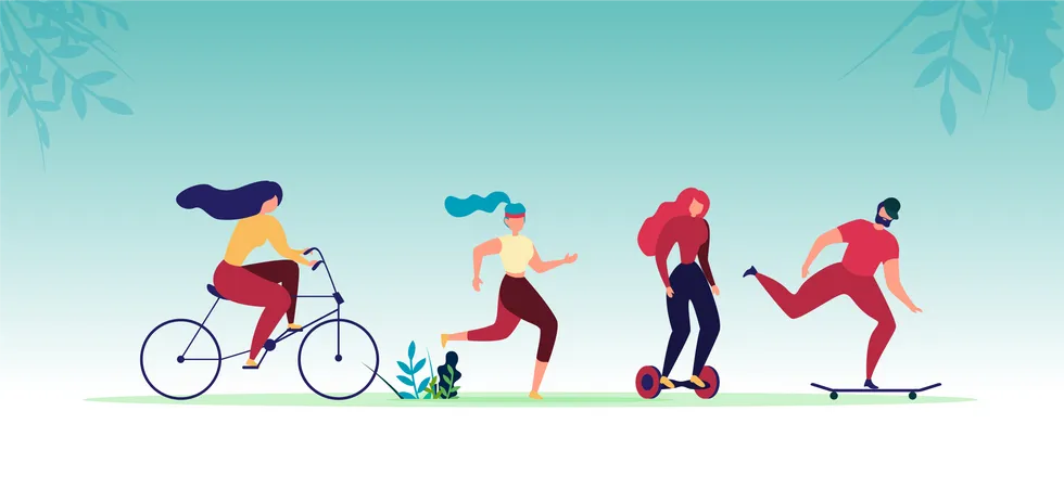 Männliche und weibliche Charaktere beim Radfahren, Joggen, Gyroscooter- und Skateboardfahren  Illustration