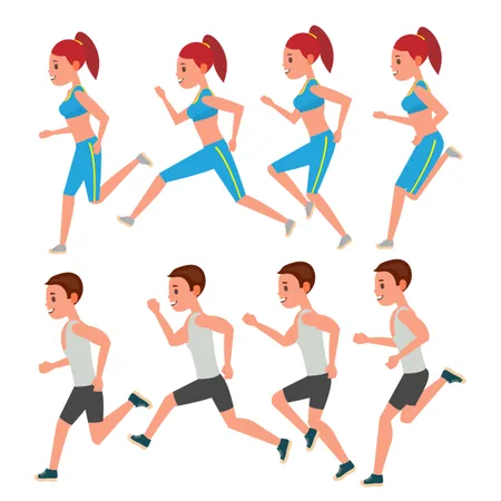 Mann Frau, Laufende, Vector., Animation, Rahmen, Set., Sport, Athlet, Gesundheit, Character., Marathon, Straßenrennen, Runner., Frau, Seite, Ansicht., Sportswear., Joggen, Pärchen, Workout., Freigestellt, Flache, Abbildung  Illustration