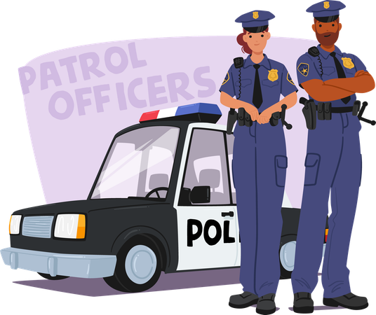 Männliche und weibliche Polizisten in Uniform stehen neben Streifenwagen  Illustration