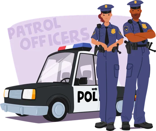 Männliche und weibliche Polizisten in Uniform stehen neben Streifenwagen  Illustration