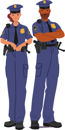 Männliche und weibliche Polizisten in Uniform stehen selbstbewusst da und zeigen Teamarbeit  Illustration