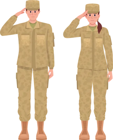 Männliche und weibliche Soldaten salutieren  Illustration