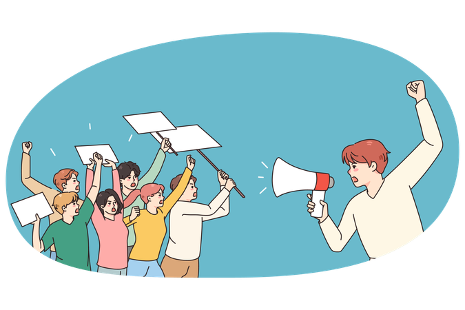 Männlicher Anführer führt Aufruhr mit Menschen an  Illustration