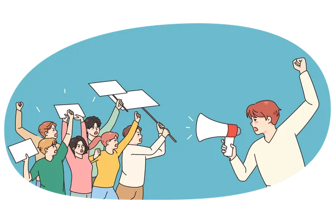 Männlicher Anführer führt Aufruhr mit Menschen an  Illustration