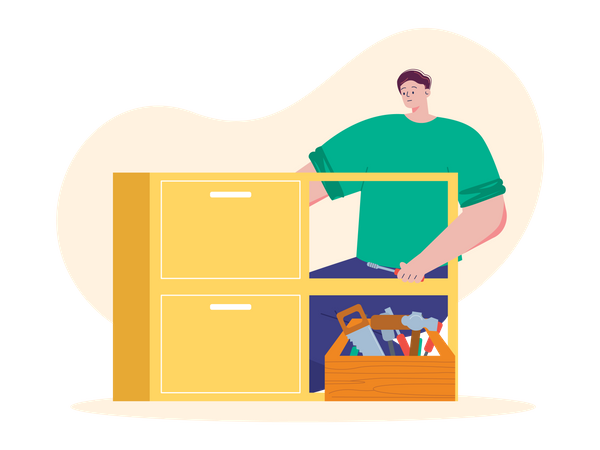 Männlicher Arbeiter, der Schrank herstellt  Illustration