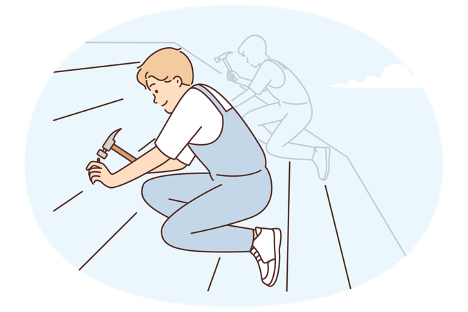 Männlicher Arbeiter repariert das Dach eines Wohngebäudes, indem er Ziegel mit einem Hammer festnagelt, um Undichtigkeiten zu vermeiden  Illustration