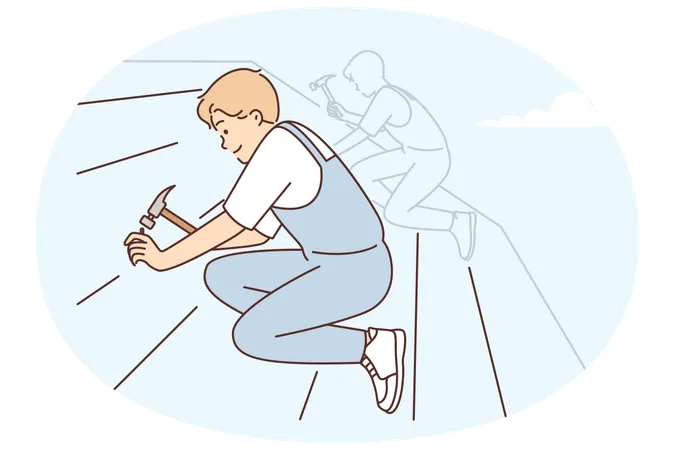 Männlicher Arbeiter repariert das Dach eines Wohngebäudes, indem er Ziegel mit einem Hammer festnagelt, um Undichtigkeiten zu vermeiden  Illustration