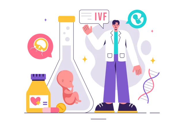 Männlicher Arzt arbeitet an IVF-Bericht  Illustration