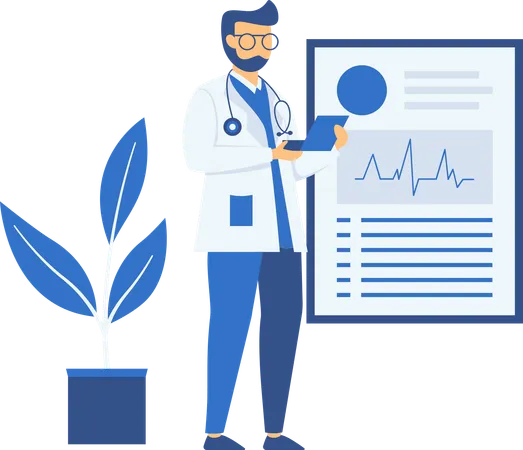 Männlicher Arzt beobachtet Patientenbericht auf Laptop  Illustration