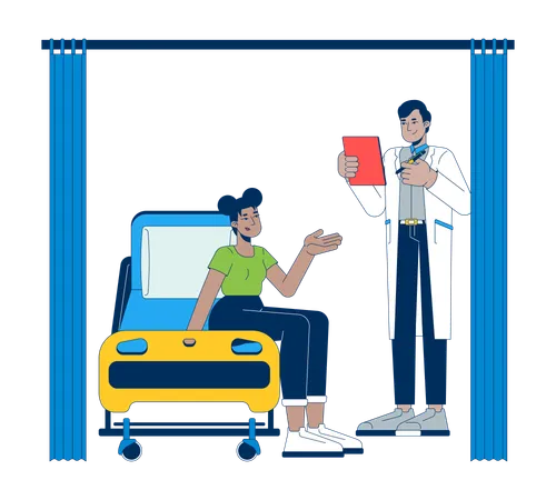 Männlicher Arzt berät Patientin im Krankenhausbett  Illustration