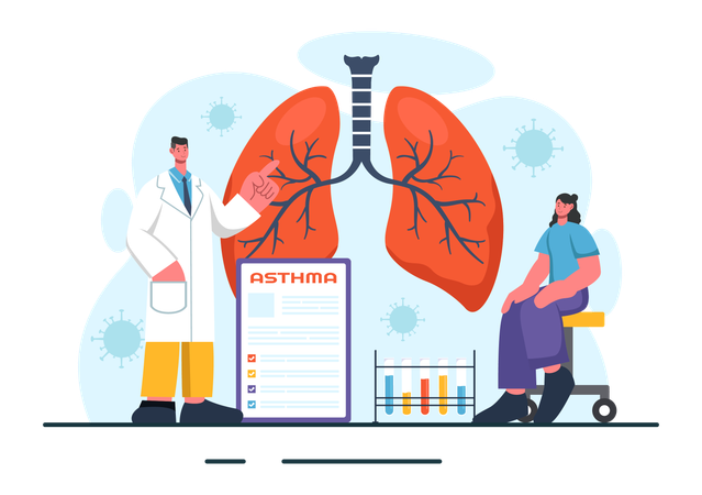 Männlicher Arzt erklärt dem Patienten den Asthmabericht  Illustration