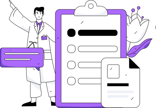 Männlicher Arzt steht mit medizinischem Bericht  Illustration